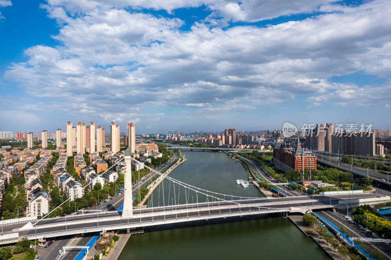 晴天天津海河富民桥桥城市建筑风光航拍