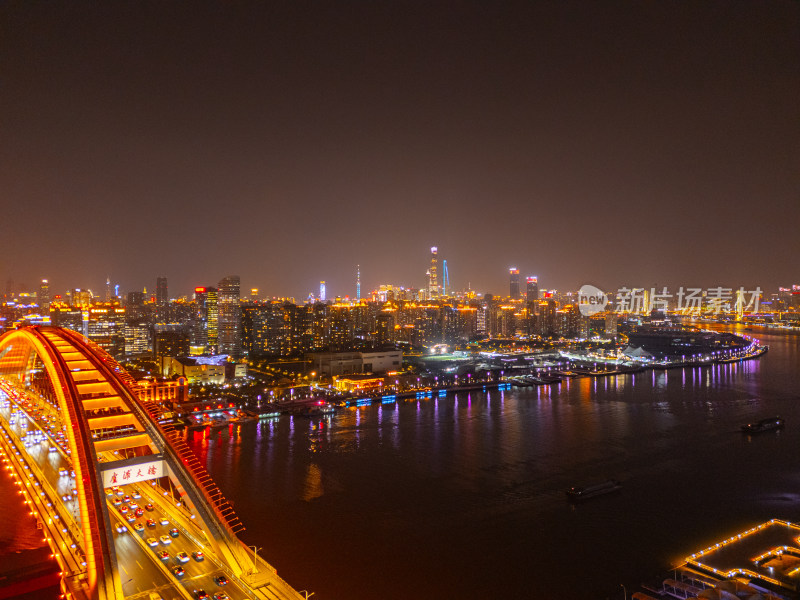 航拍上海卢浦大桥和黄浦江夜景