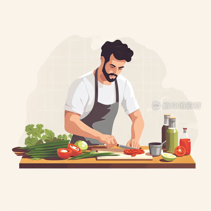 平面插图，正在做饭的男人
