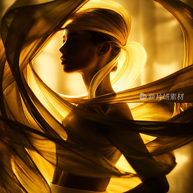 光影中舞动纱幔的女性侧影