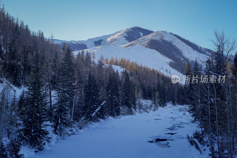 积雪覆盖的山林和山峰的冬季美景