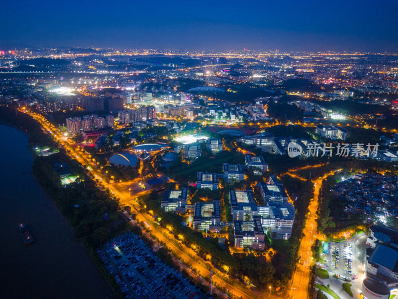 广州大学城生物岛日落夜景航拍