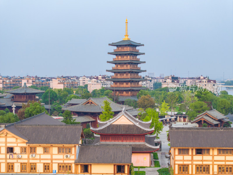 航拍上海宝山寺佛教寺院自然风光