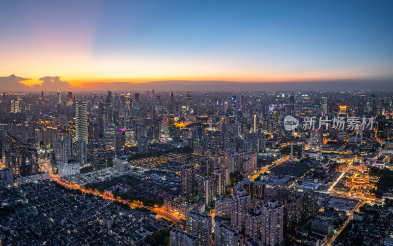 航拍上海浦西CBD高楼群夜景亮化