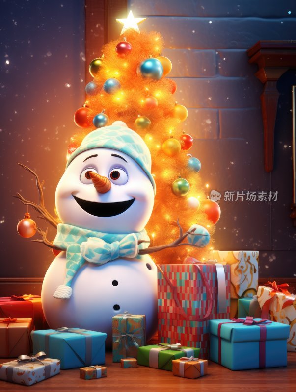 欢快的雪人站在满是礼物的圣诞树边上