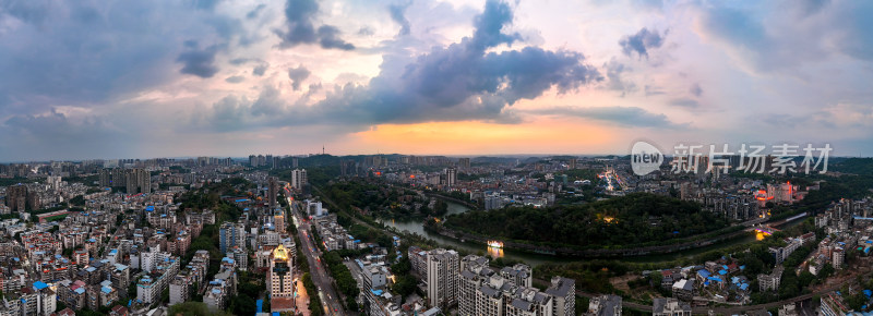 自贡城市晚霞航拍全景图