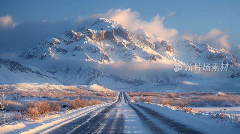 公路雪山天空自然风光