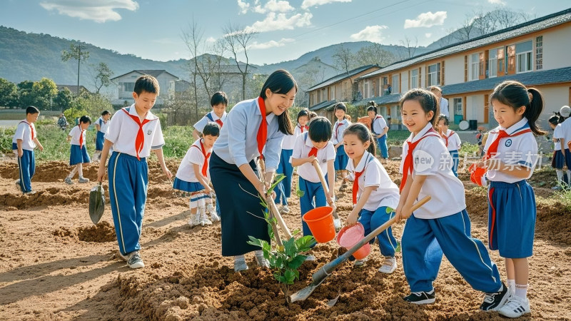 植树节忙碌的学生、志愿者在空地上植树造林