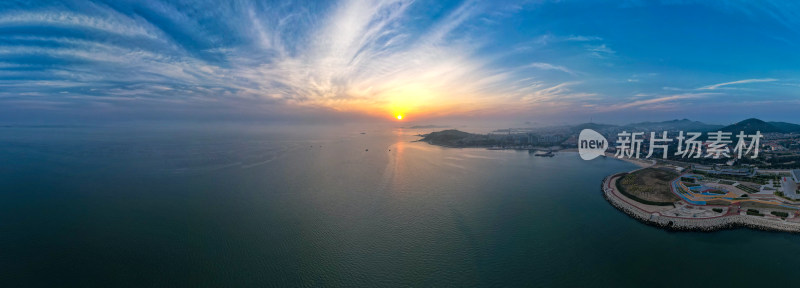 烟台日落晚霞夕阳航拍全景图