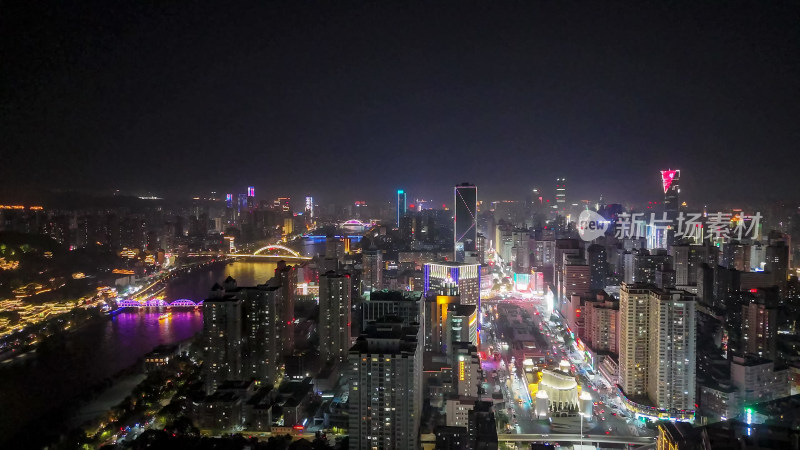 甘肃兰州城市夜景灯光交通航拍图