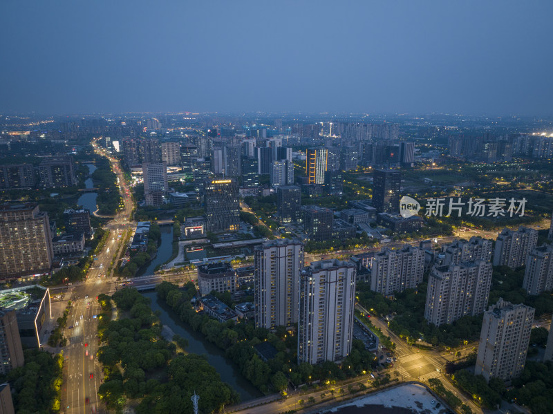 上海嘉定新城夜晚夜景航拍城市风光