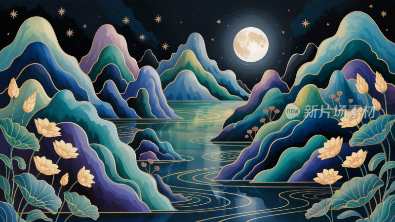 水墨风山水楼阁意境