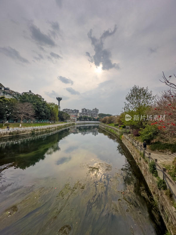 宁静的河边城市风光