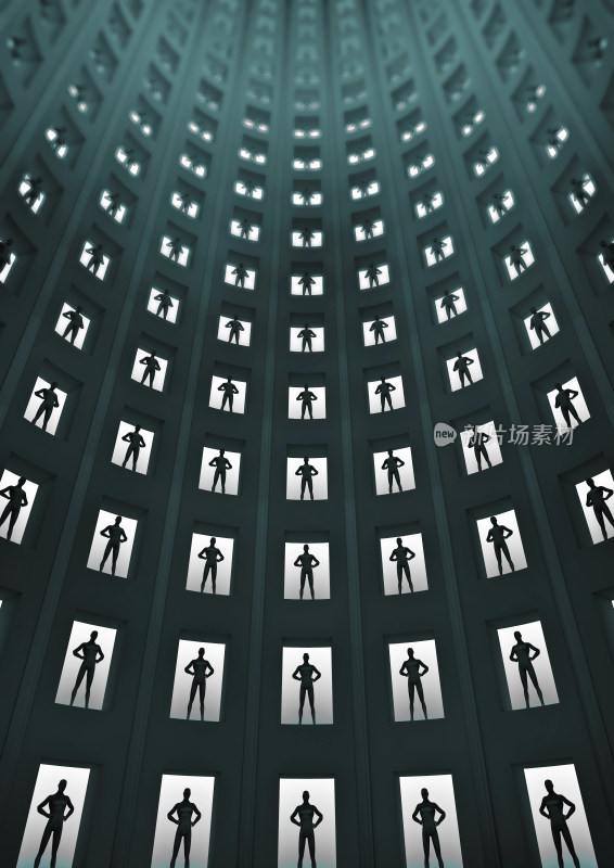 多排人物剪影的高楼场景