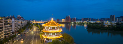 河南宜阳县城河流两岸楼房经济发展航拍夜景