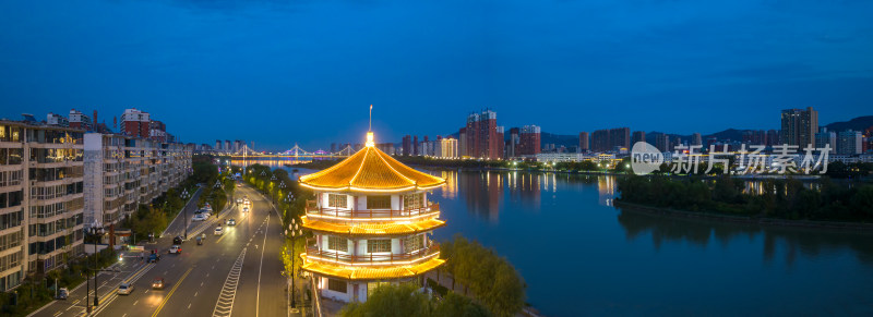 河南宜阳县城河流两岸楼房经济发展航拍夜景