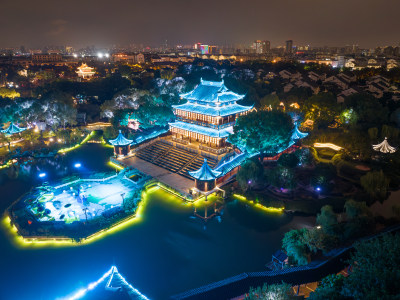 航拍苏州盘门景区中秋灯会夜景