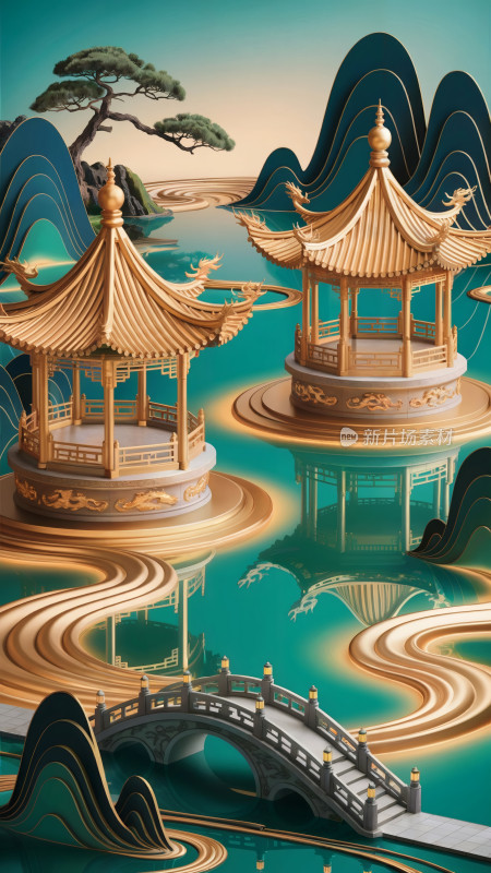 水墨风山水楼阁意境