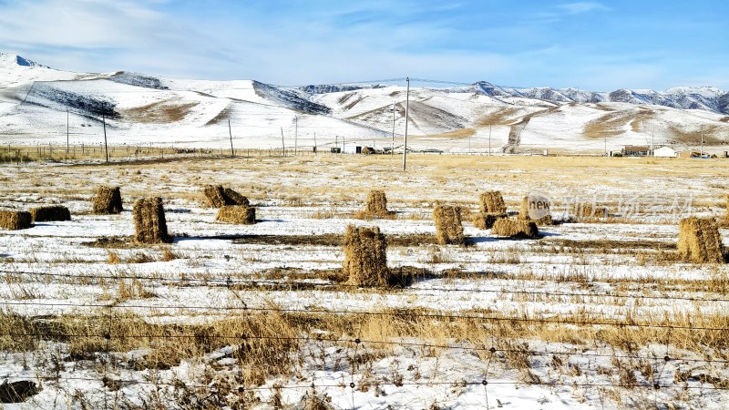 户外雪地上的干草堆田野风景