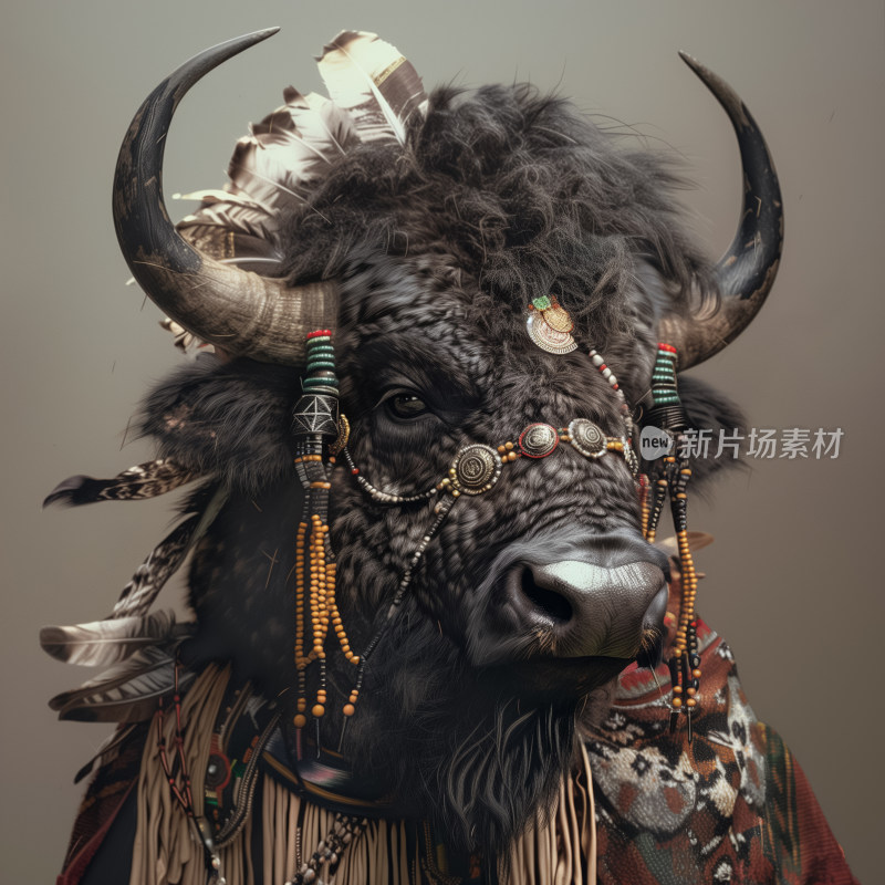 神秘图腾装饰华丽的野牛与部落文化融合