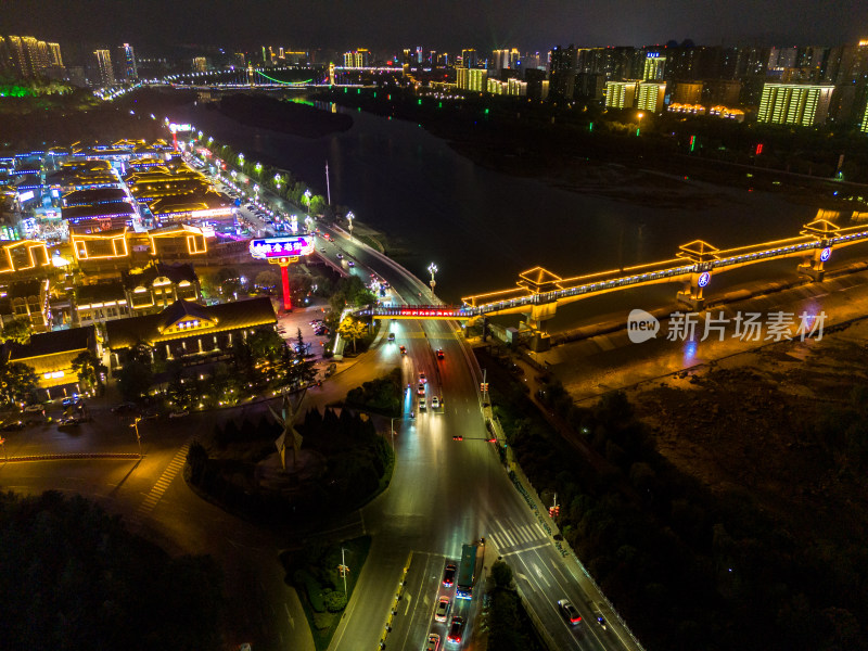 陕西宝鸡城市夜景灯光航拍图