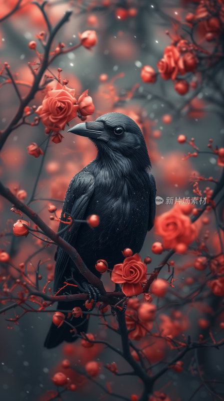 玫瑰花丛中的幽静乌鸦