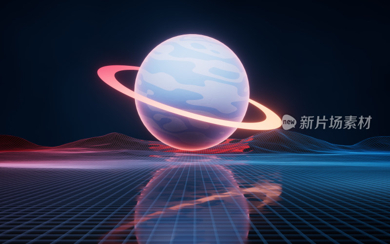 星球与蓝色科技空间背景3D渲染