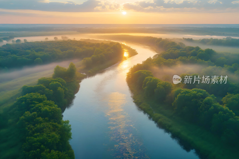 生态背景早晨河流树木