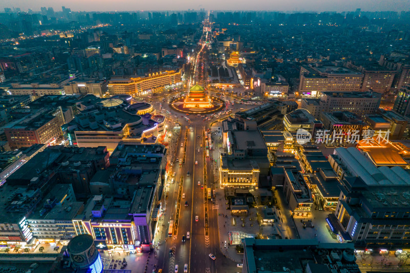 西安晚霞夜幕降临夜景灯光航拍摄影图