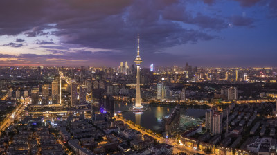 天津天塔湖水上公园景区城市日落晚霞风光