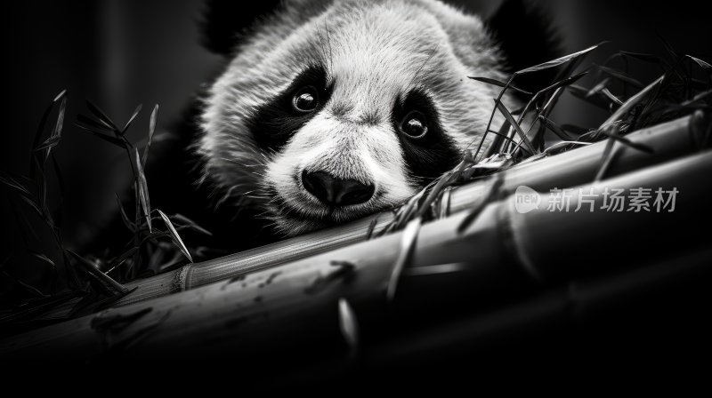 黑白影像，大熊猫和竹子