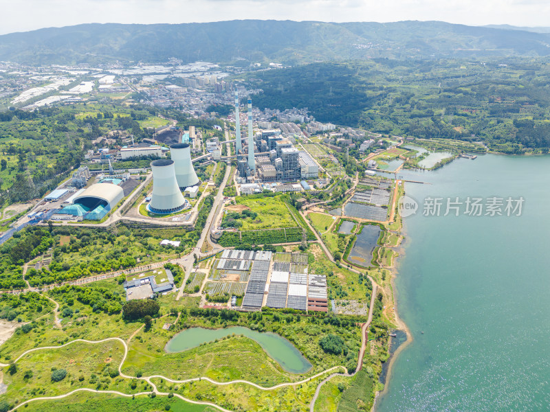 航拍阳宗海湖畔电厂全景