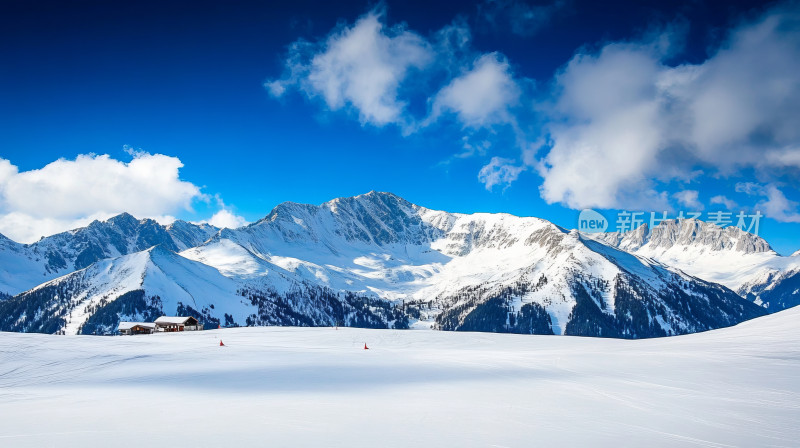 蓝天白云下被积雪覆盖的雪山雪景宣传