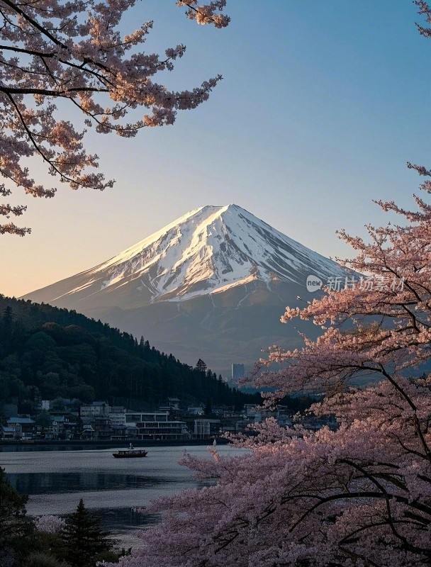 富士山与樱花湖畔风景