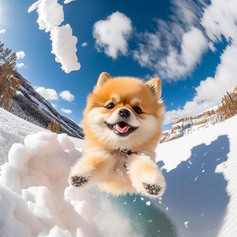 雪地中跳跃的博美犬