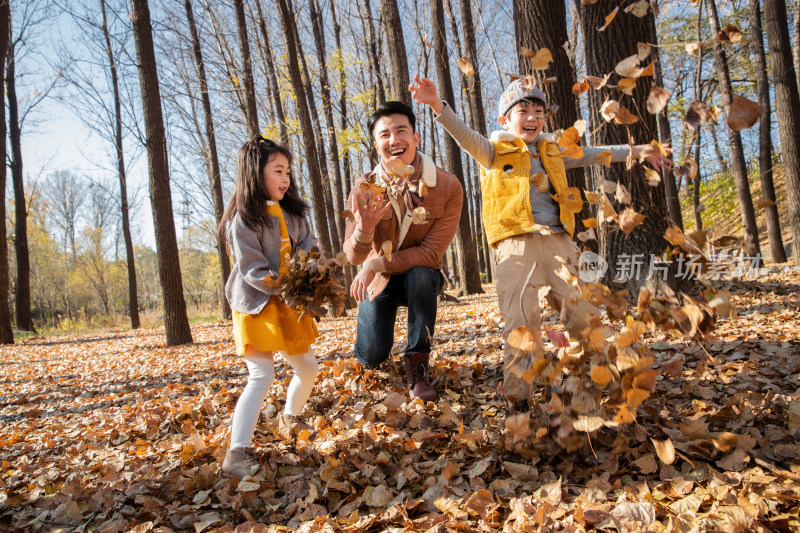 快乐的孩子们和父亲在户外扔树叶