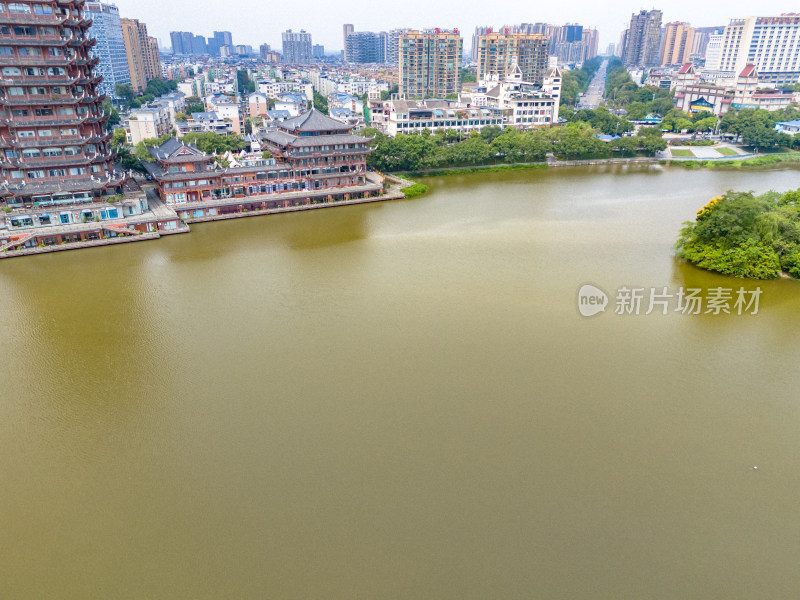 眉山远景楼河流周边风景航拍图