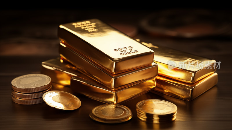 金光闪闪的财富象征：金条与硬币堆