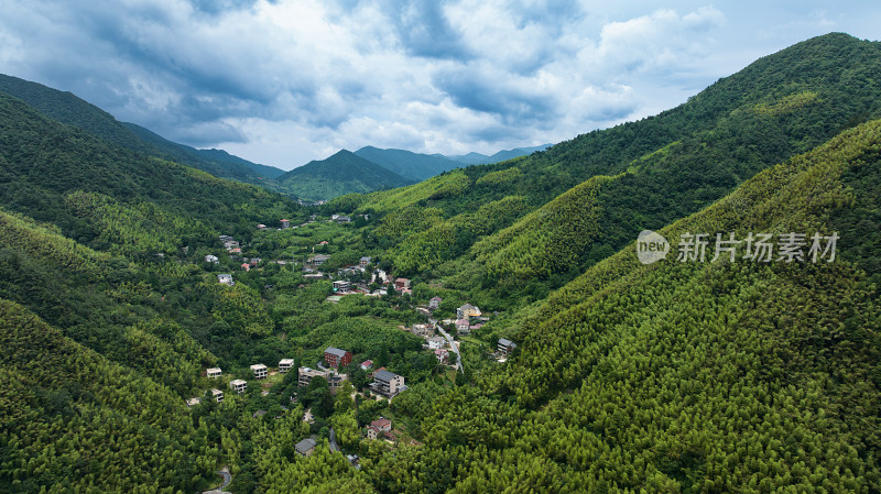 航拍浙北大峡谷山间竹林风光