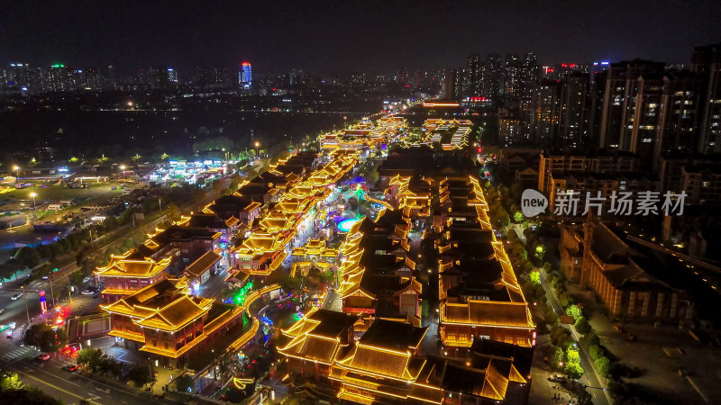 四川眉山东坡水街夜景灯光航拍图