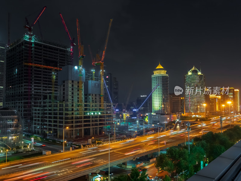 北京国贸CBD周边楼房建设夜景道路交通
