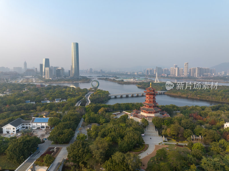 福建厦门集美水月广场杏林阁日落夜景航拍