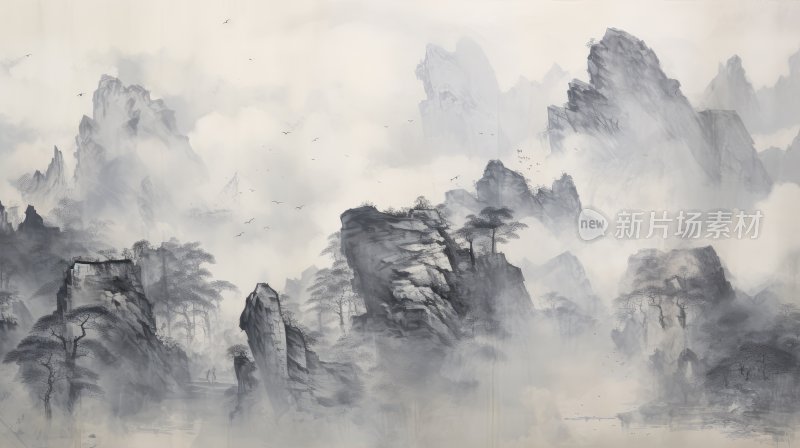 中国风水墨风景意境插画