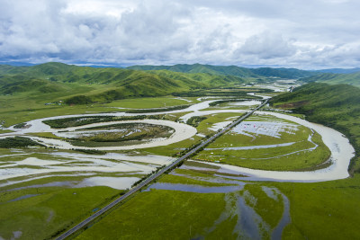 阿坝州红原县白河流域湿地风光航拍