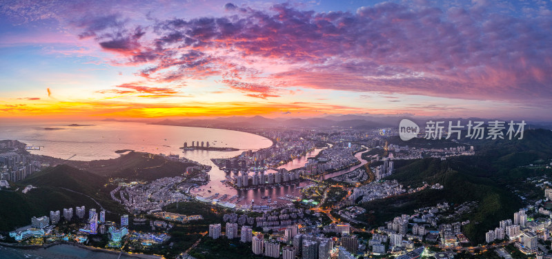 三亚晚霞城市风光航拍全景