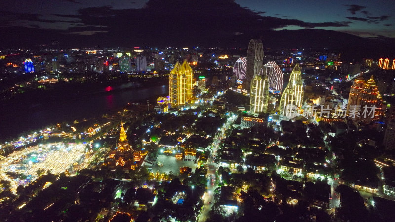 云南西双版纳告庄西双景夜景航拍