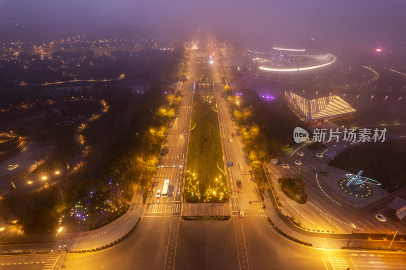 航拍上海南汇新城天文馆和海绵公园夜景