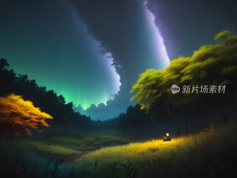 奇幻美丽森林星空极光夜景背景图