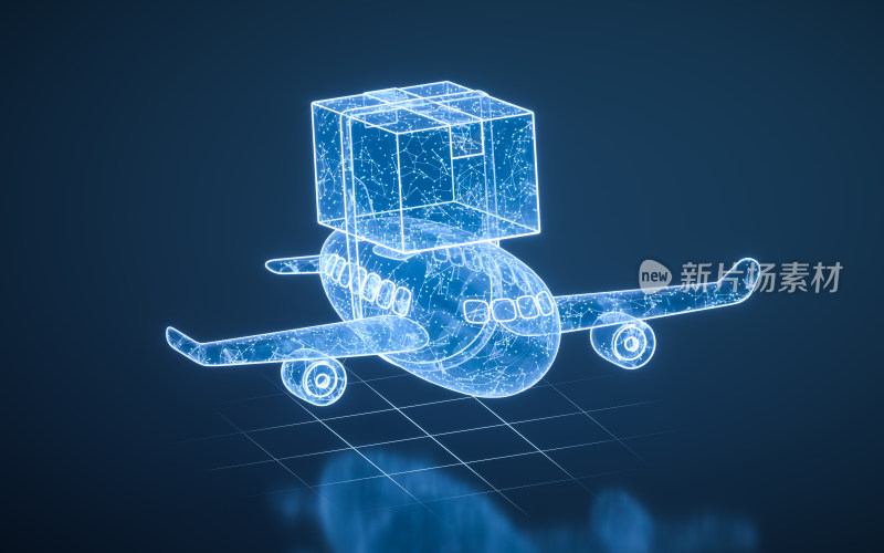 蓝色科技感飞机与货物3D渲染