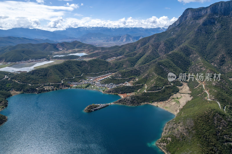 云南丽江泸沽湖摩梭族美景高空航拍